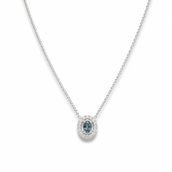 9ct White Gold Teal Sapphire & Diamond Halo Necklace