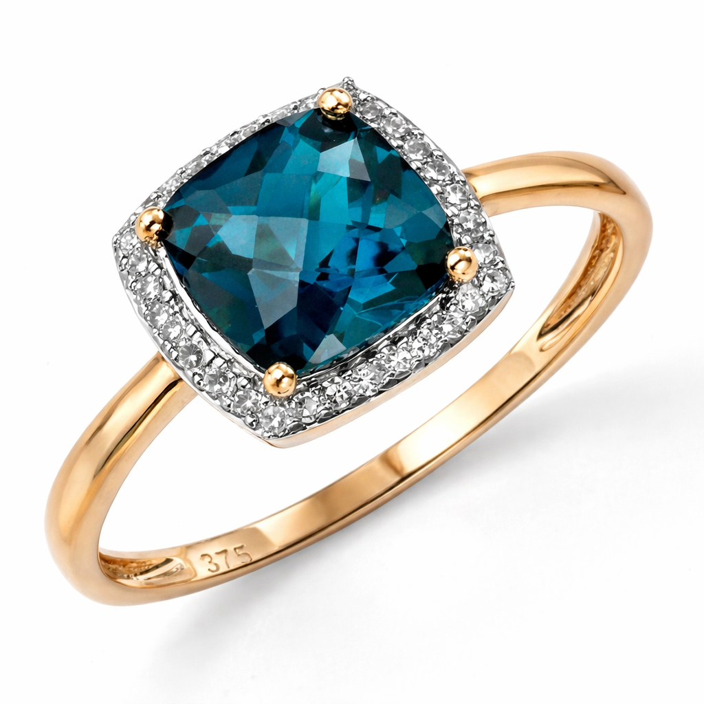 Checkerboard London Blue Topaz & Diamond Ring in 9ct Gold