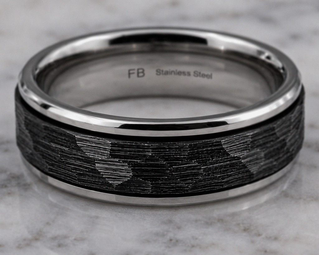 Fred Bennett Stainless Steel Black Faceted Spinner Ring