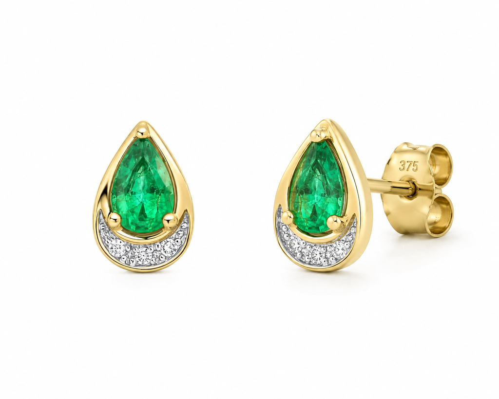Teardrop Emerald & Diamond Stud Earrings in 9ct Yellow Gold