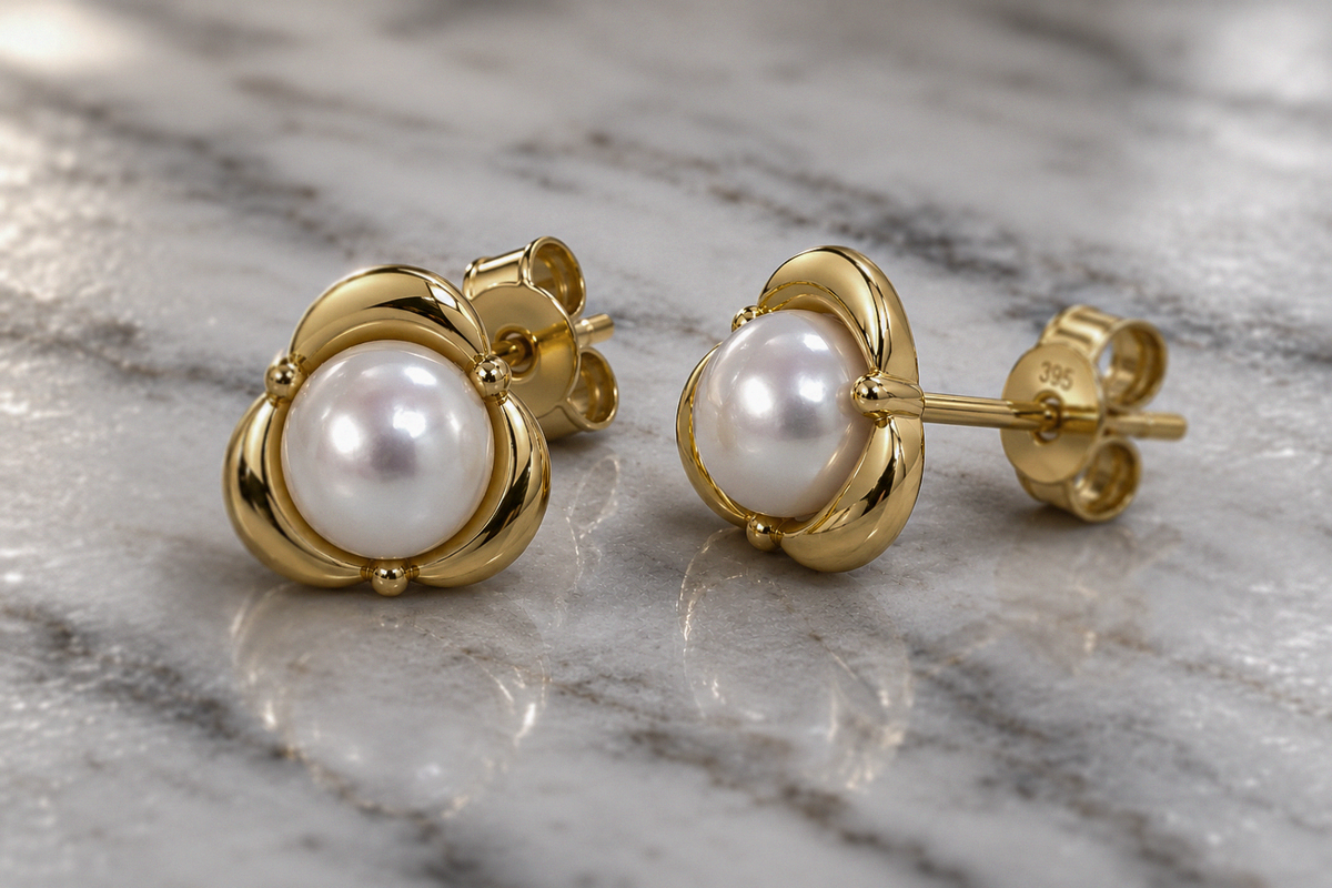 Petal Set Freshwater Pearl Stud Earrings in 9ct Gold