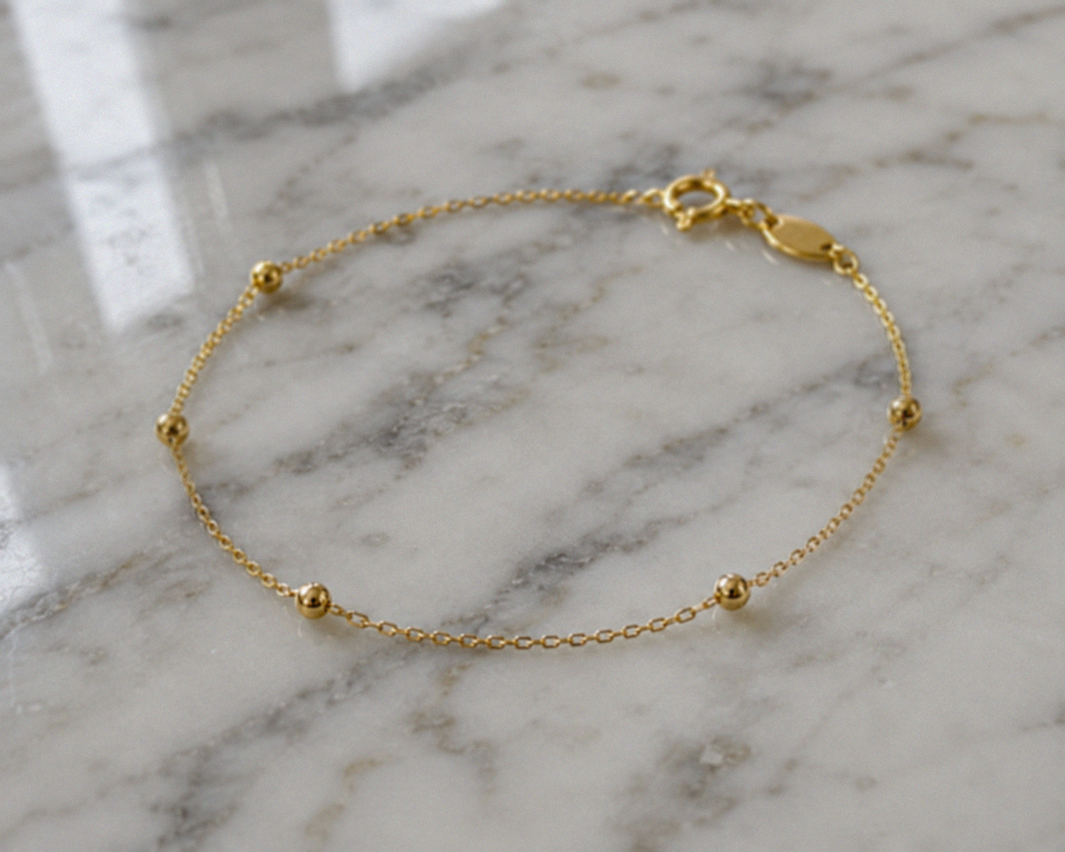 9ct Gold Ball Station Charm Bracelet - 2mm