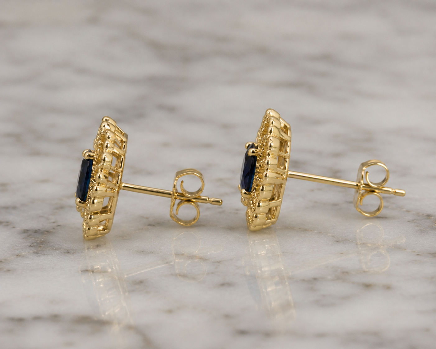 9ct Yellow Gold Blue Sapphire Filigree Stud Earrings