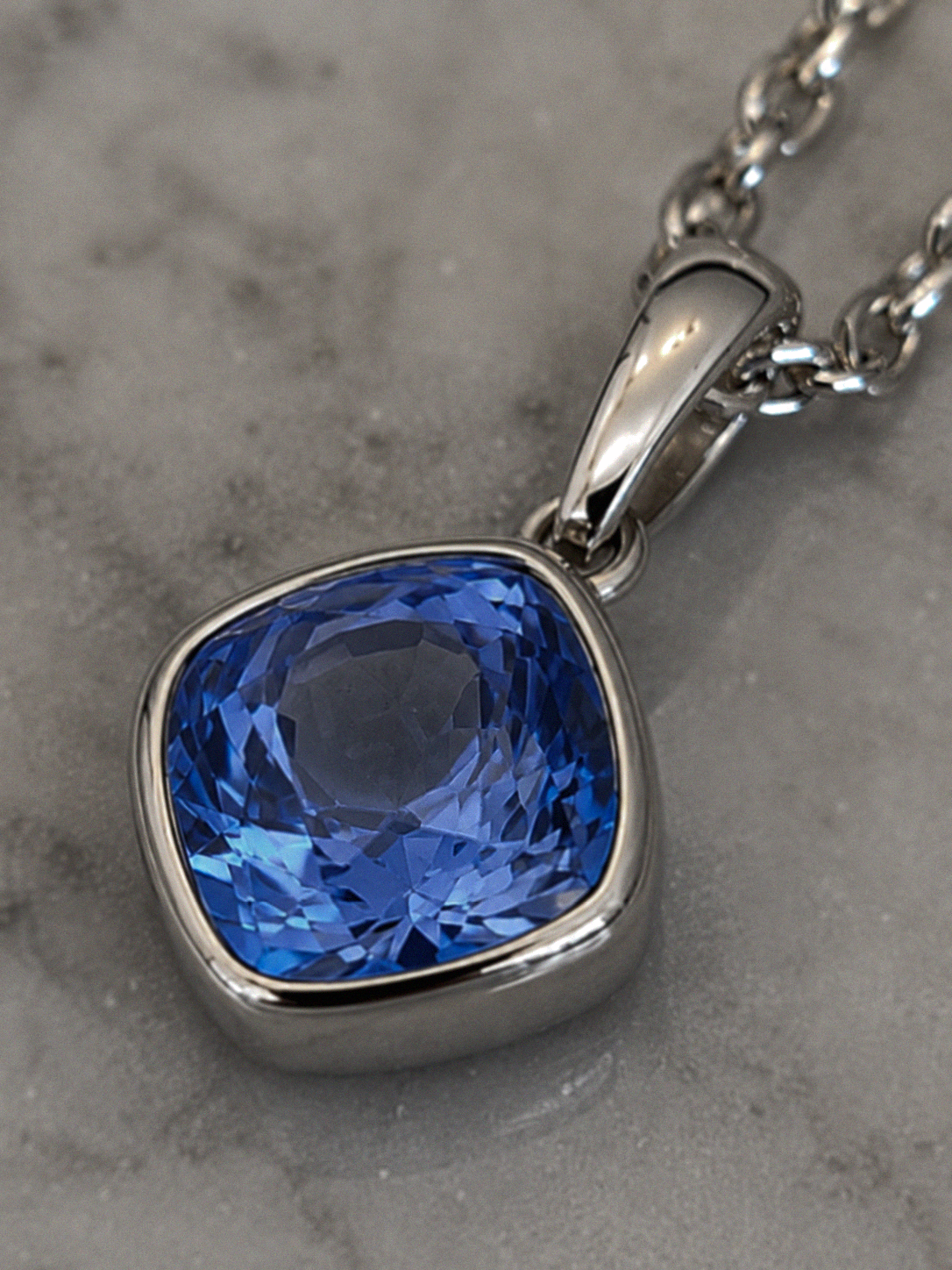 Sterling Silver Cushion Cut Sapphire Crystal Necklace - 51cm