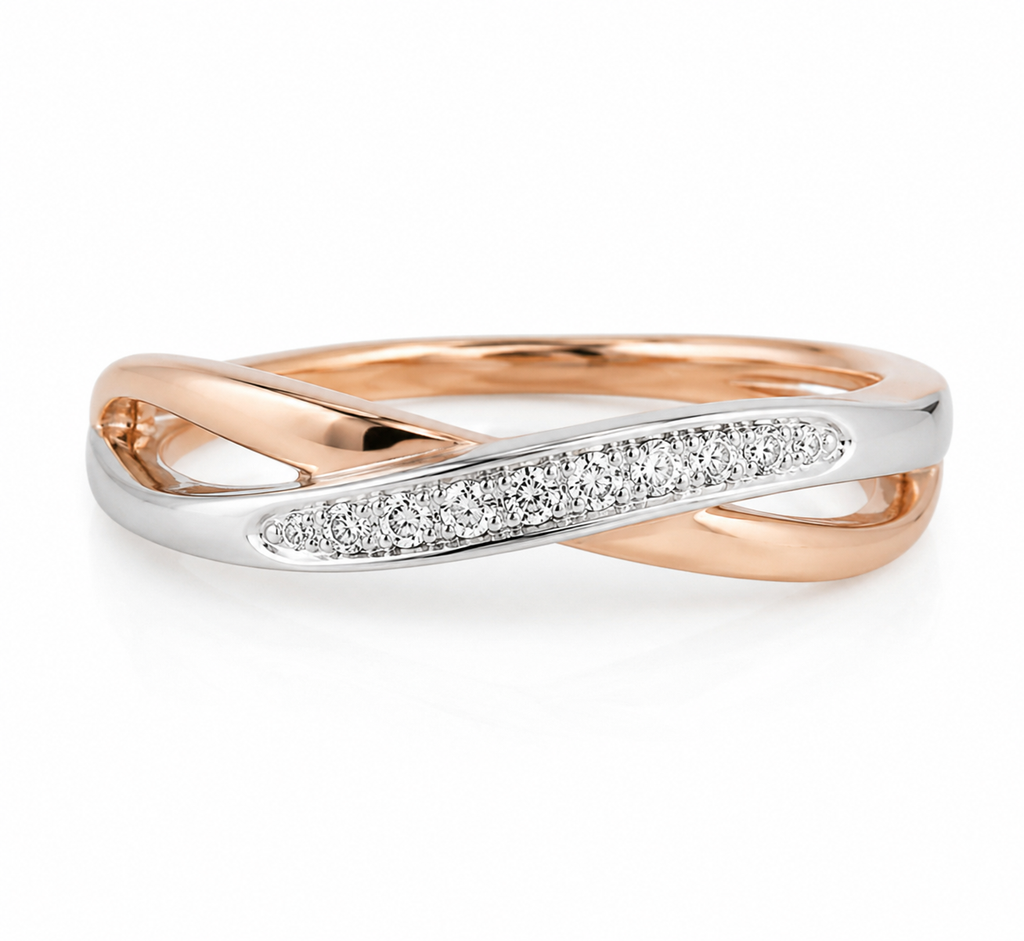 9ct White & Rose Gold Twist Ring with Pavé Diamonds