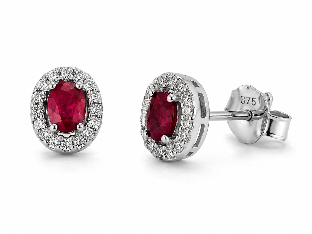 Ruby & Diamond Cluster Stud Earrings in 9ct White Gold