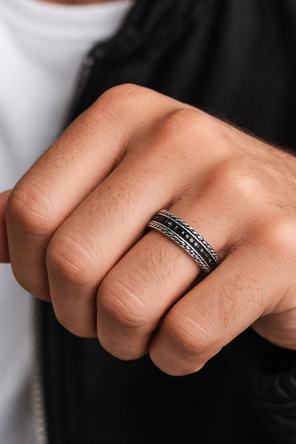 Sterling Silver Black Cubic Zirconia Woven Band Ring