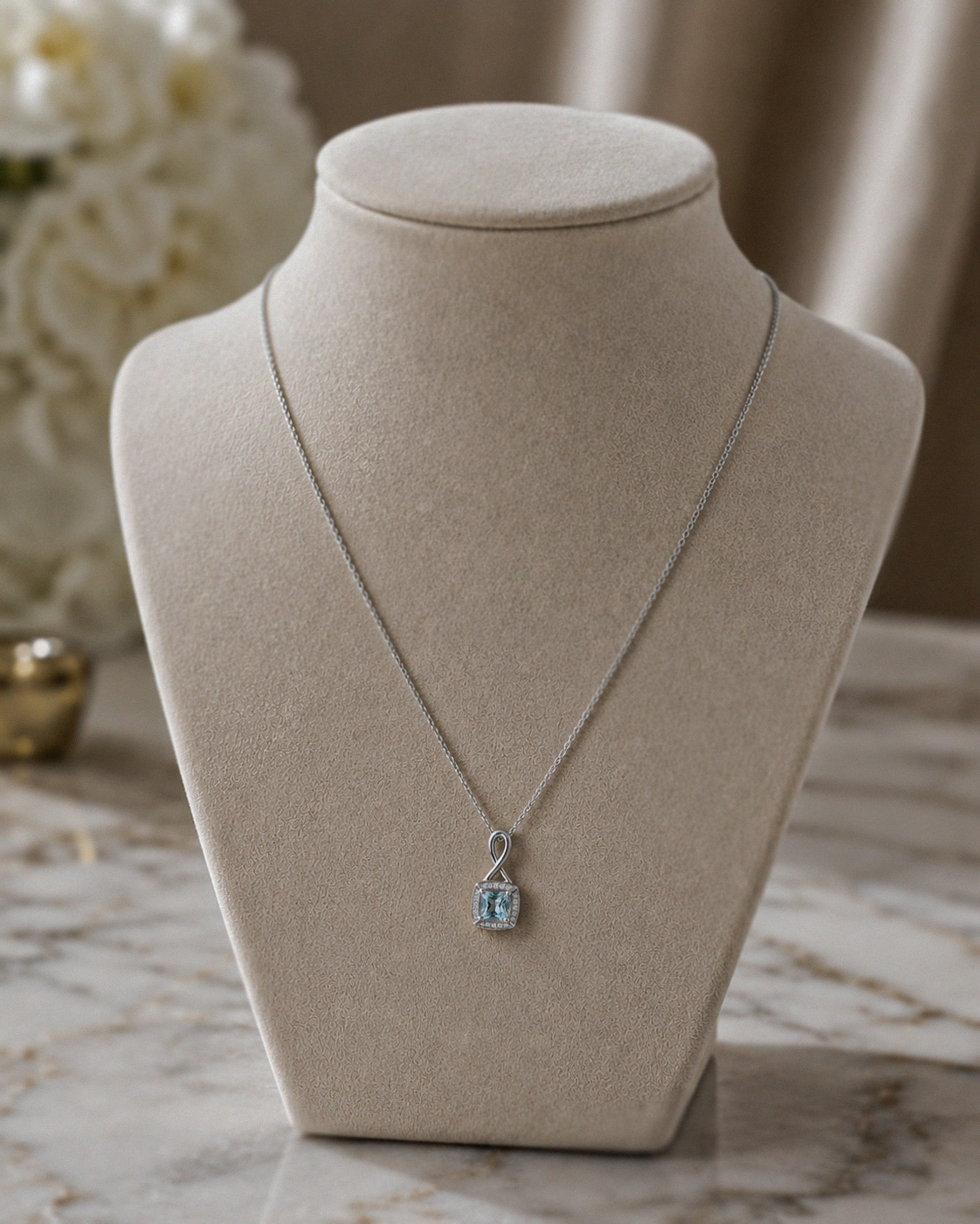9ct White Gold Aquamarine & Diamond Twist Pendant with Diamond-Cut Curb Chain