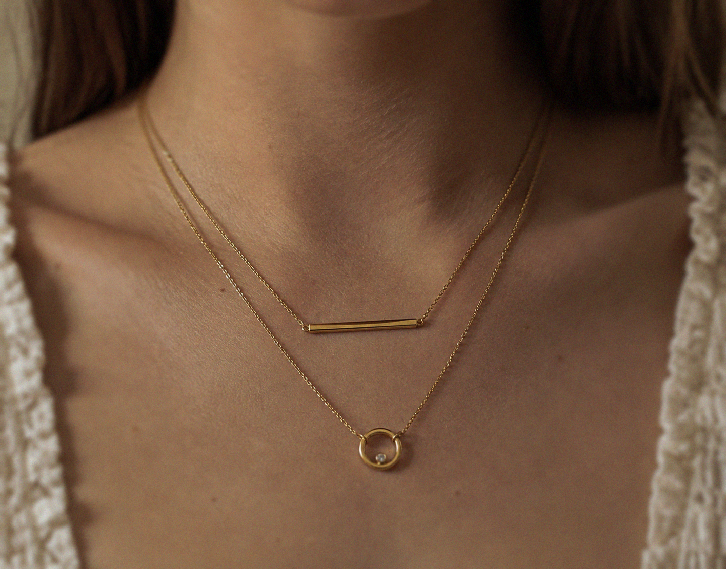 9ct Yellow Gold Bar and Circle Layered Necklace 17.5 Inch
