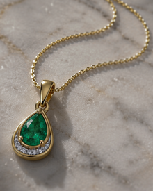 Teardrop Emerald & Diamond Pendant Necklace in 9ct Gold