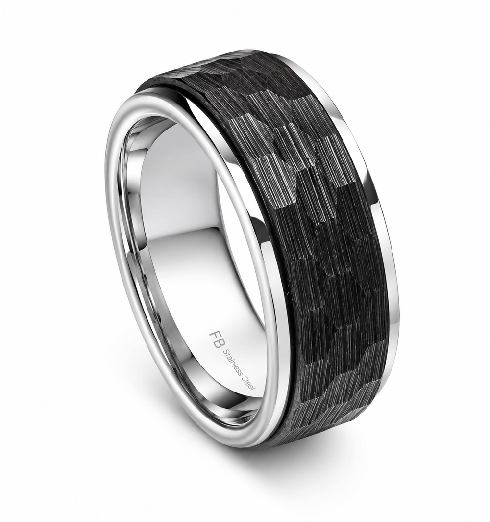 Fred Bennett Stainless Steel Black Faceted Spinner Ring