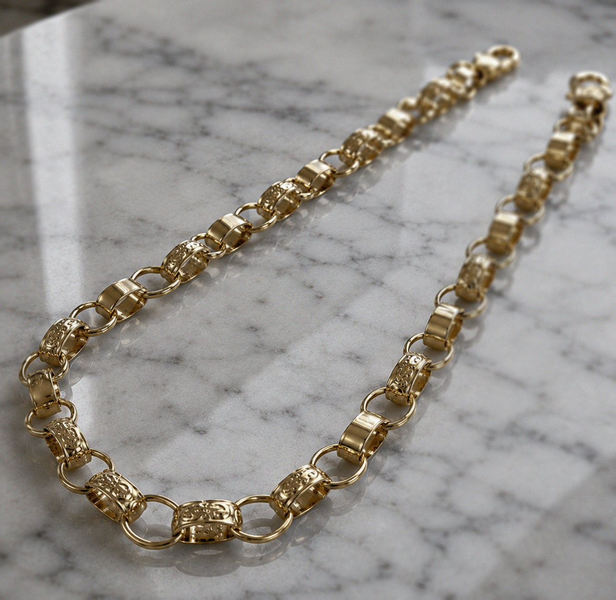 9ct Yellow Gold Engraved & Plain Belcher Chain Necklace – Solid Gold