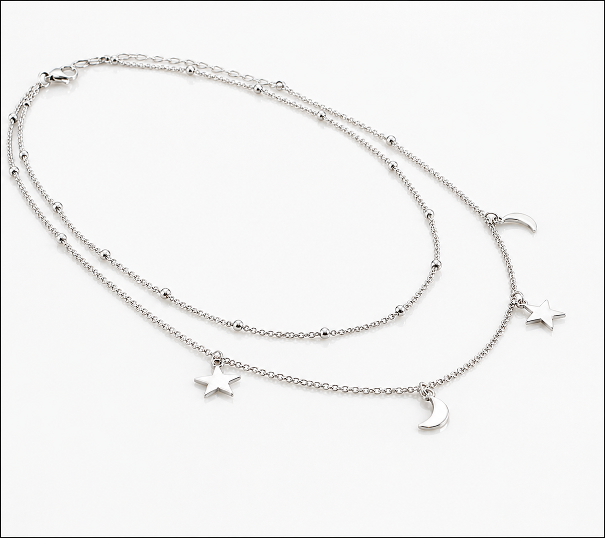Sterling Silver Star & Moon Double Row Necklace
