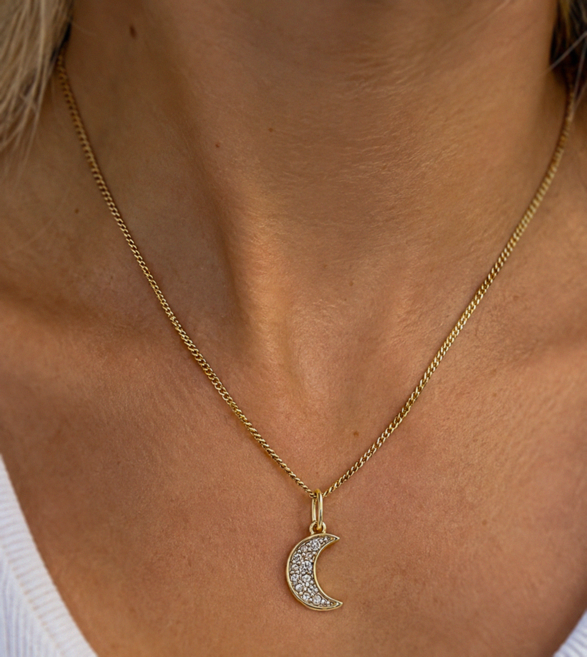 9ct Yellow Gold Diamond Crescent Moon Necklace