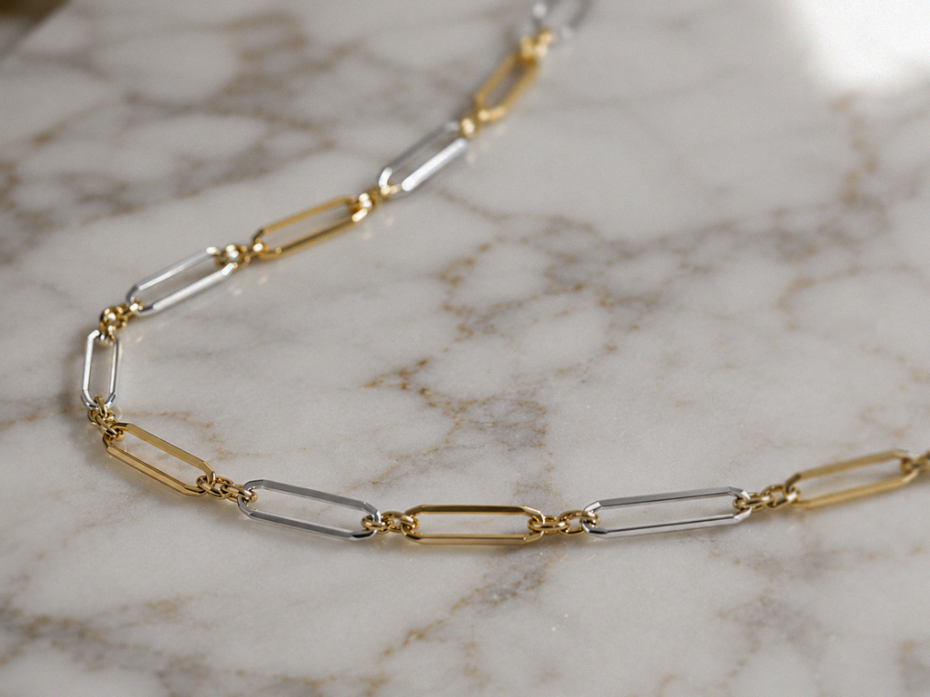 Elongated Link Chain Necklace in 9ct Yellow & White Gold