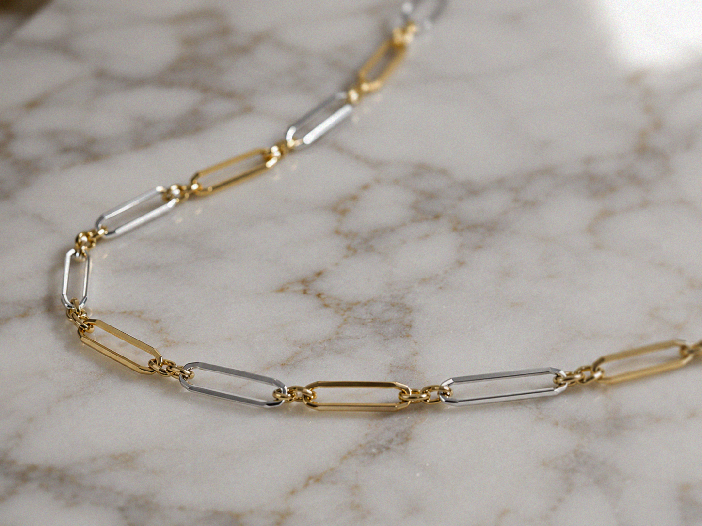 Elongated Link Chain Necklace in 9ct Yellow & White Gold
