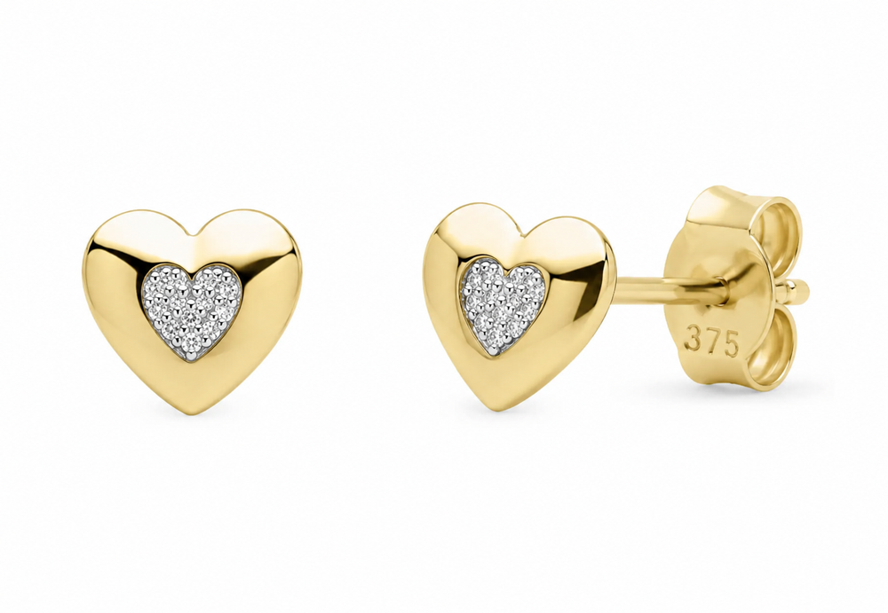 9ct Yellow Gold 0.03ct Diamond Heart Stud Earrings
