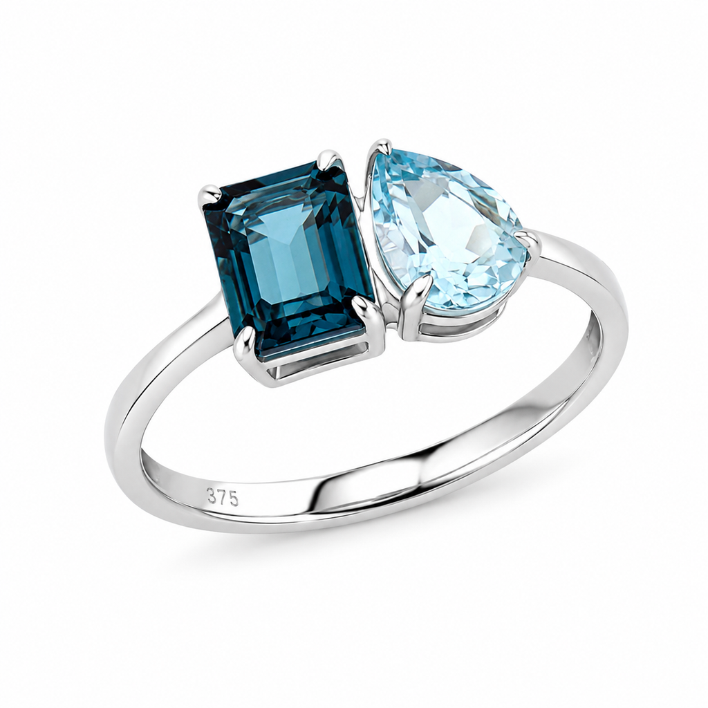 Toi et Moi London & Sky Blue Topaz Ring in 9ct White Gold