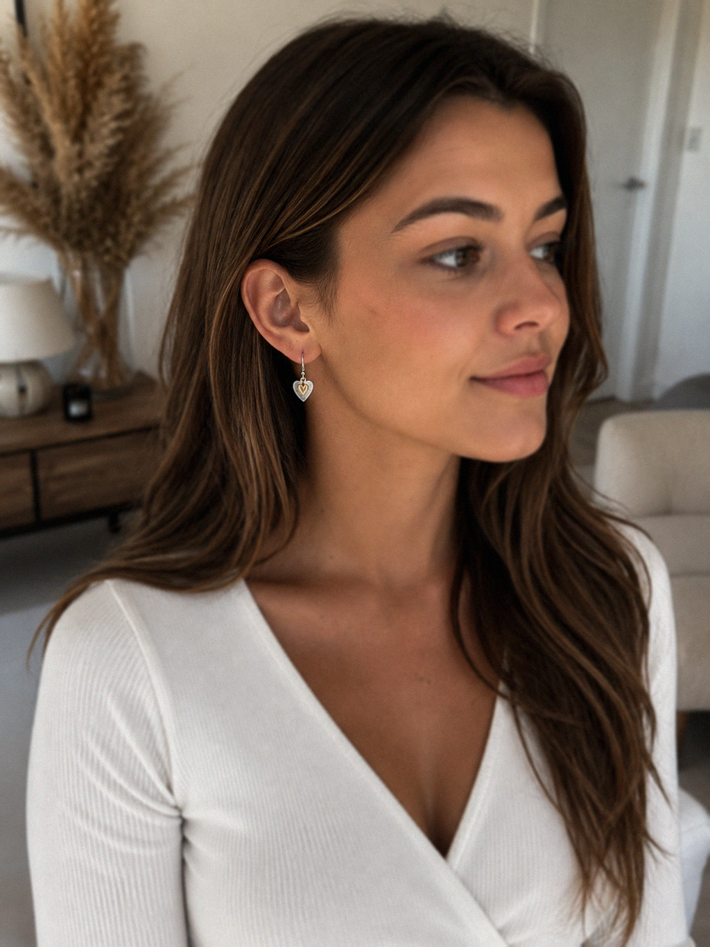 Double Heart Drop Earrings in Sterling Silver with Yellow Gold Plated Heart