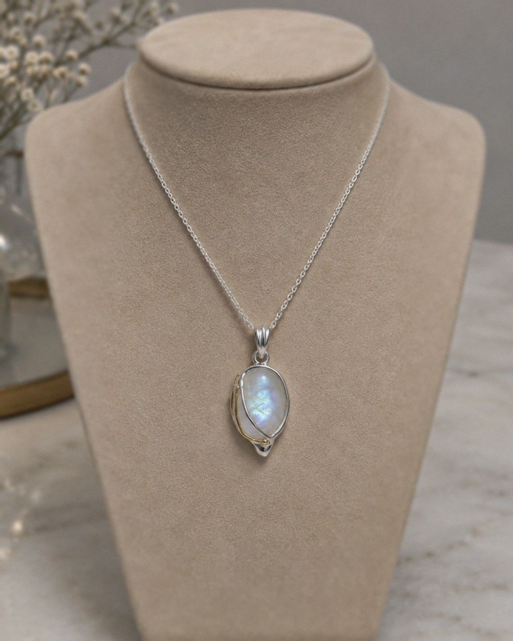Banyan Rainbow Moonstone Pendant Necklace with 14ct Gold-Fill Detail