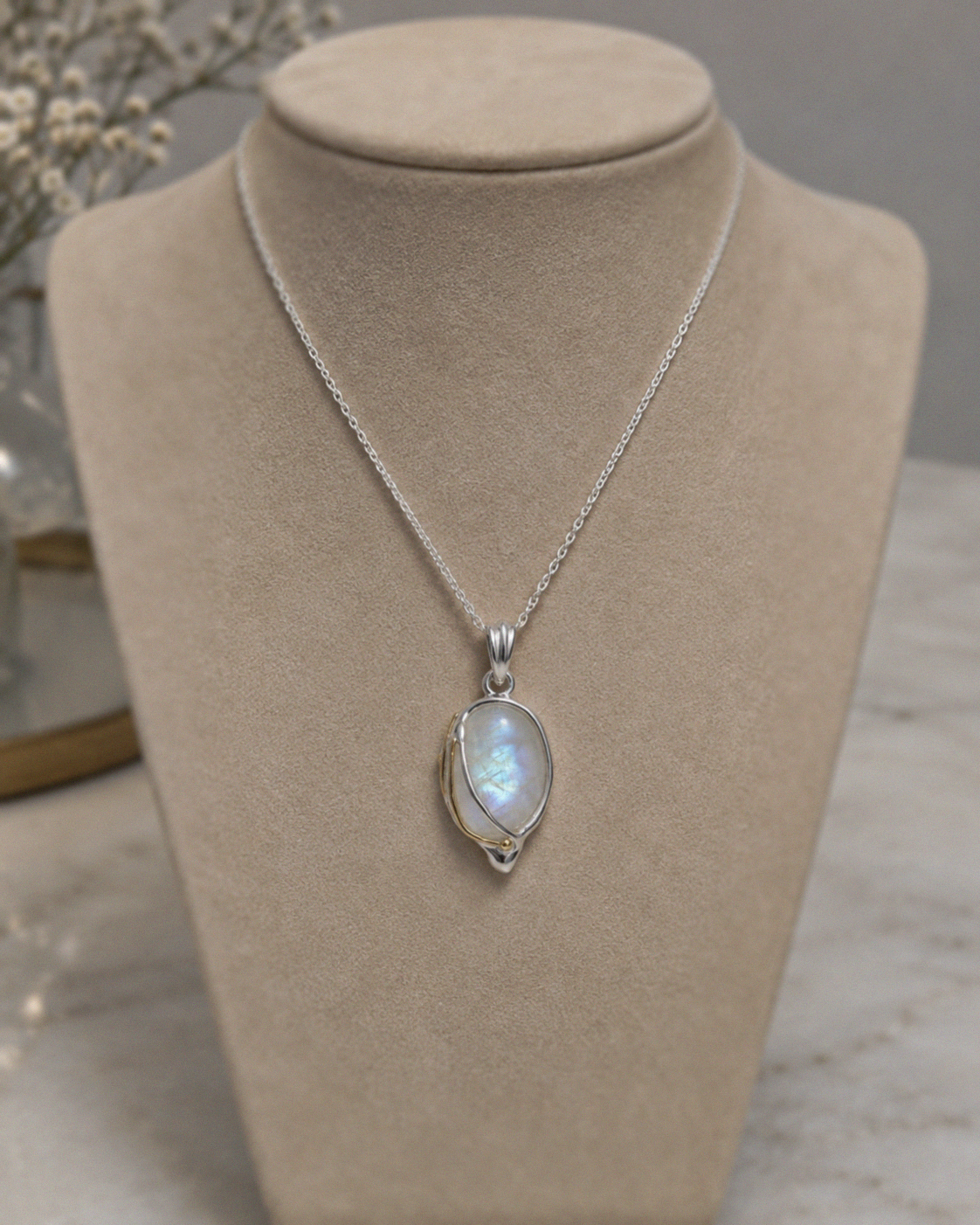 Rainbow Moonstone Pendant Necklace with 14ct Gold-Fill Detail