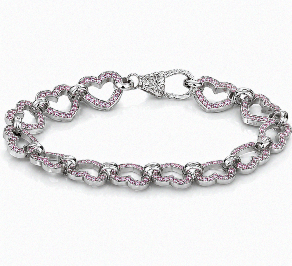 Sterling Silver Pink Cubic Zirconia Heart Link Bracelet