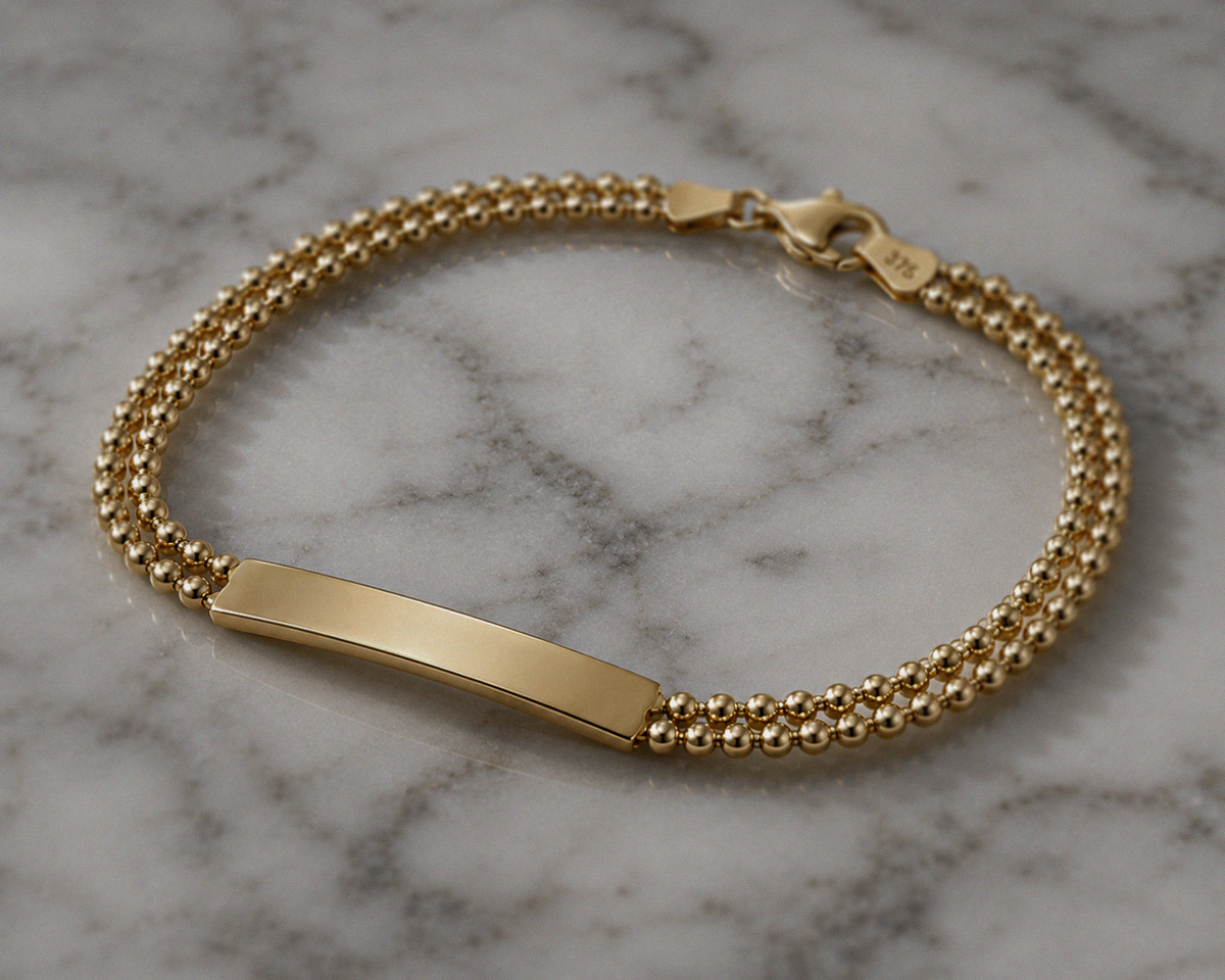 9ct Yellow Gold ID Bar Double Bead Chain Bracelet