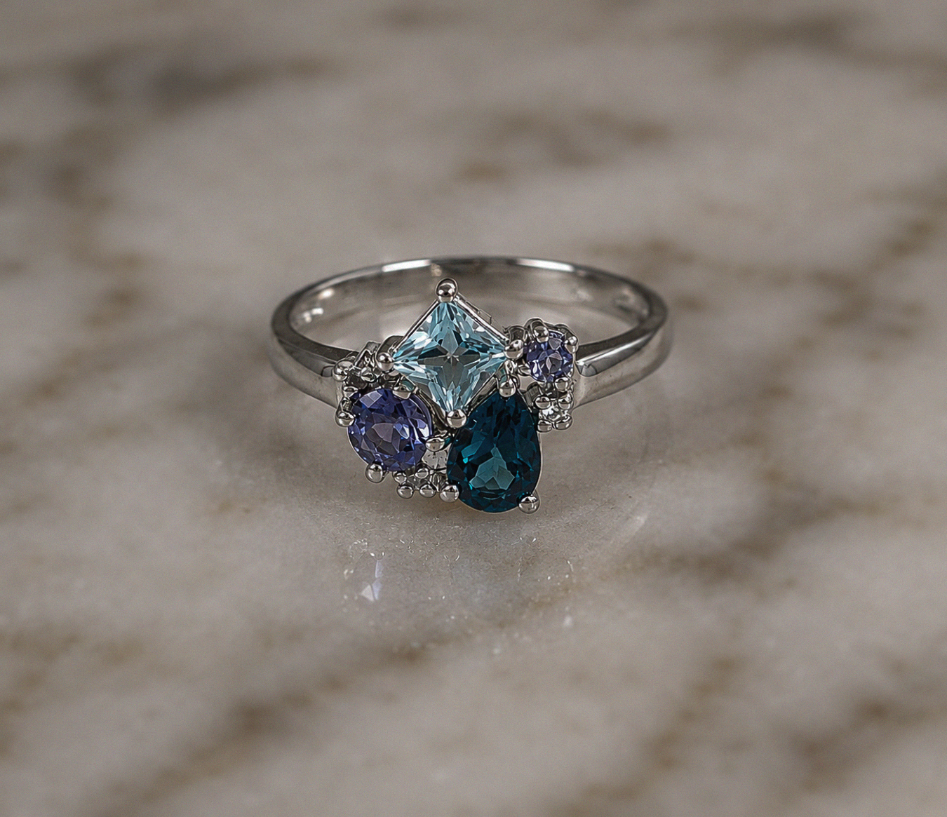 9ct White Gold Blue Topaz, Iolite & Diamond Cluster Ring