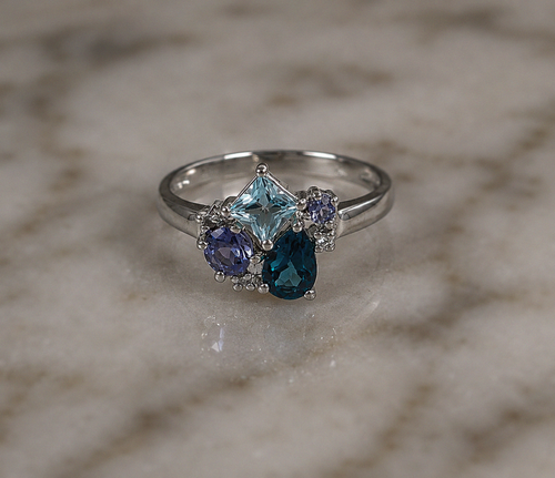 9ct White Gold Blue Topaz, Iolite & Diamond Cluster Ring