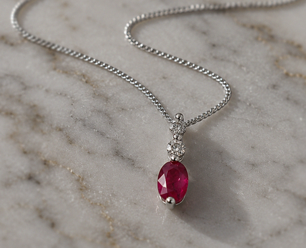 Ruby & Diamond Drop Pendant Necklace in 9ct White Gold