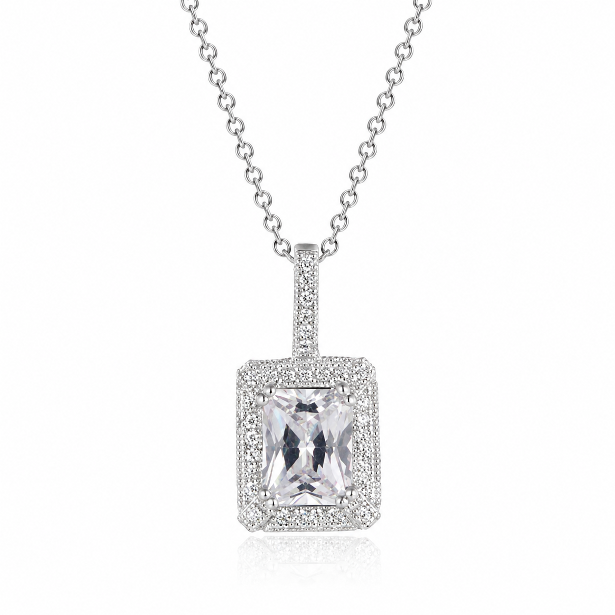 Sterling Silver Cubic Zirconia Rectangular Halo Pendant Necklace
