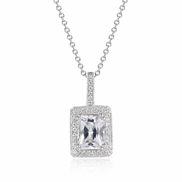 Sterling Silver Cubic Zirconia Rectangular Halo Pendant Necklace