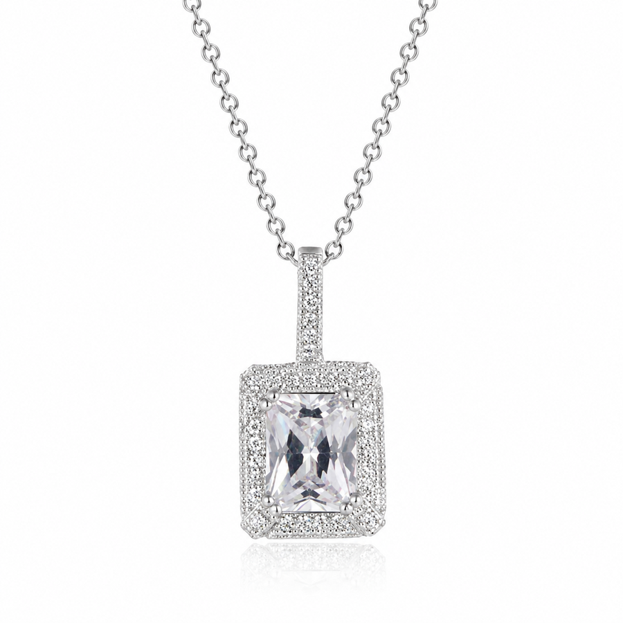 Sterling Silver Cubic Zirconia Rectangular Halo Pendant Necklace