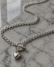 Sterling Silver Puff Heart T-Bar Chain Necklace