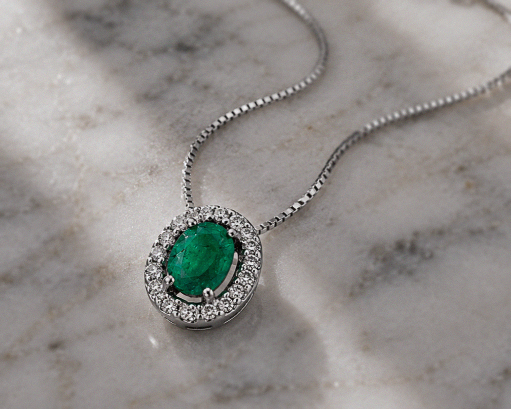 Teardrop Emerald & Diamond Pendant Necklace in 9ct Gold