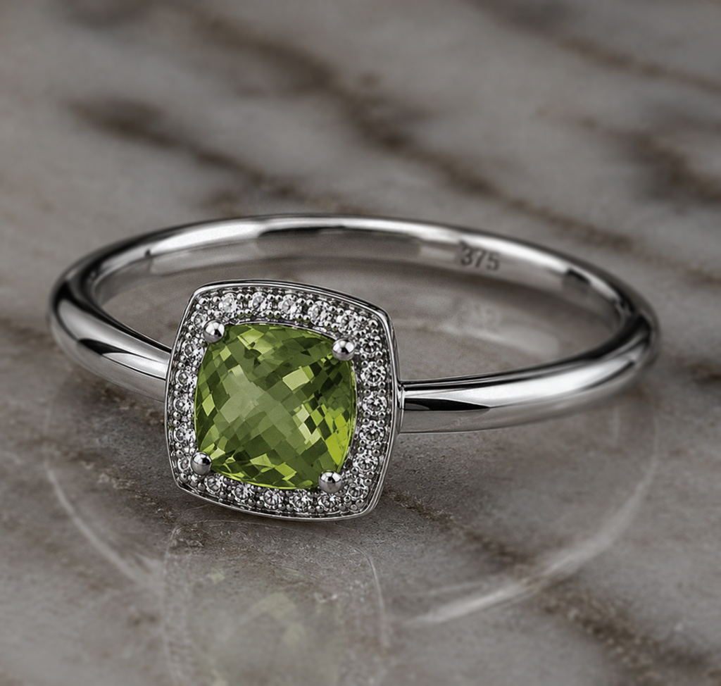 9ct White Gold Cushion-Cut Peridot & Diamond Halo Ring