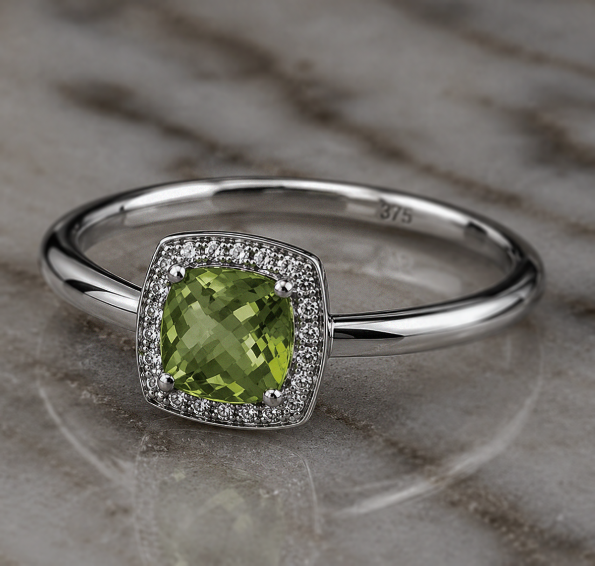 9ct White Gold Cushion-Cut Peridot & Diamond Halo Ring