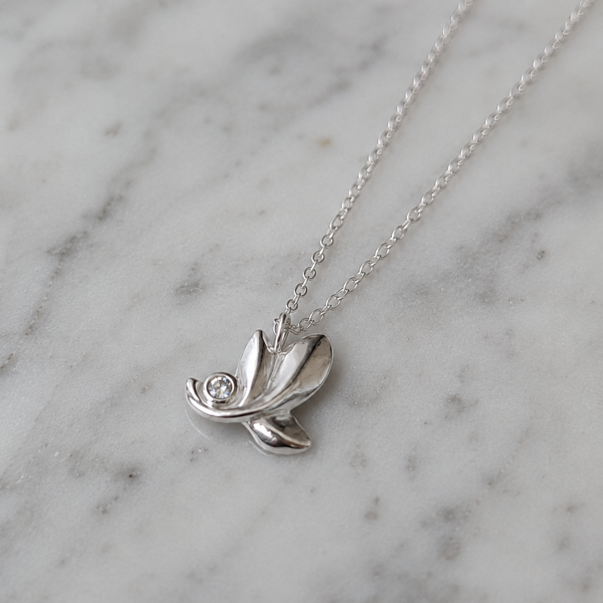 Sterling Silver Leaf Necklace With Natural Diamond