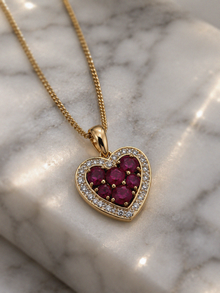9ct Yellow Gold Ruby & Diamond Heart Pendant with Chain