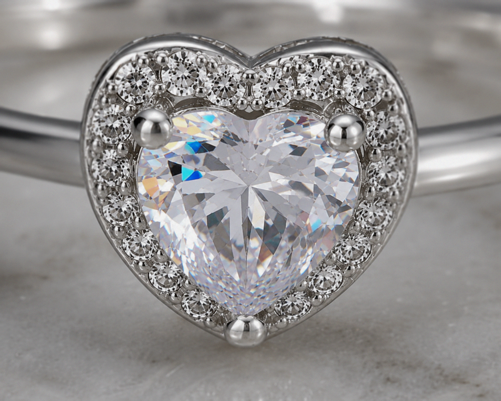 Sterling Silver Cubic Zirconia Heart Halo Ring