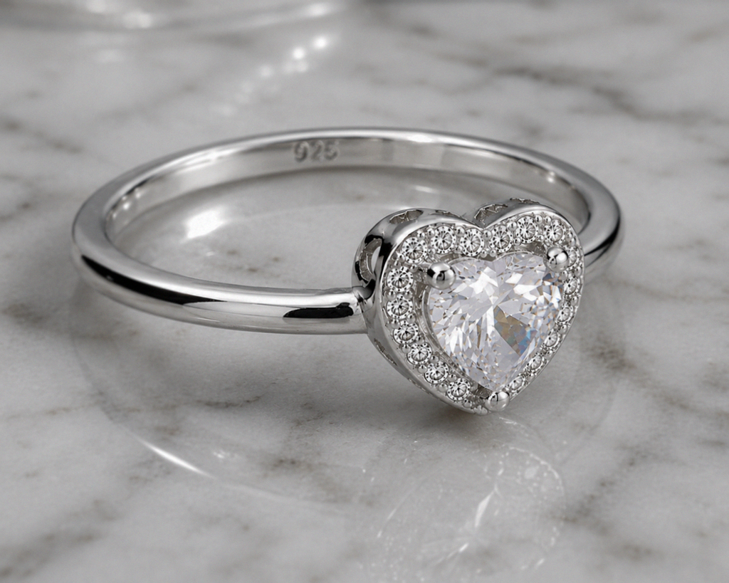 Sterling Silver Cubic Zirconia Heart Halo Ring