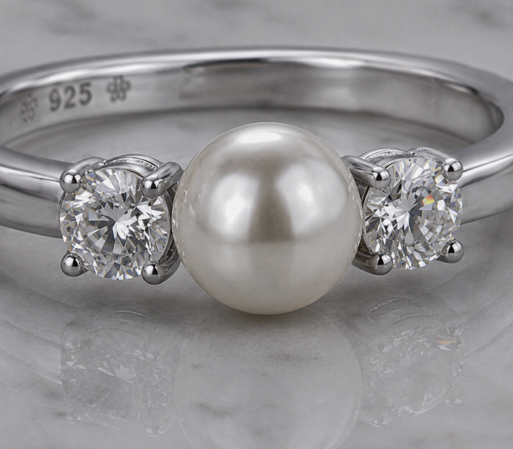 Diamonfire Sterling Silver Shell Pearl & Zirconia Trilogy Ring