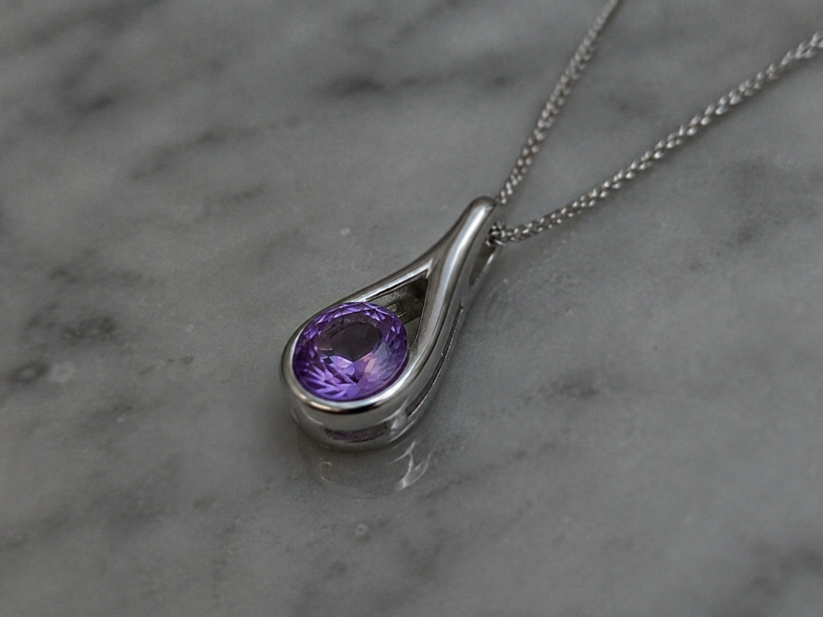 Sterling Silver Natural Amethyst Teardrop Pendant Necklace