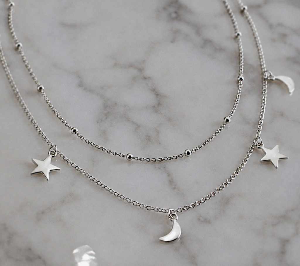 Sterling Silver Star & Moon Double Row Necklace