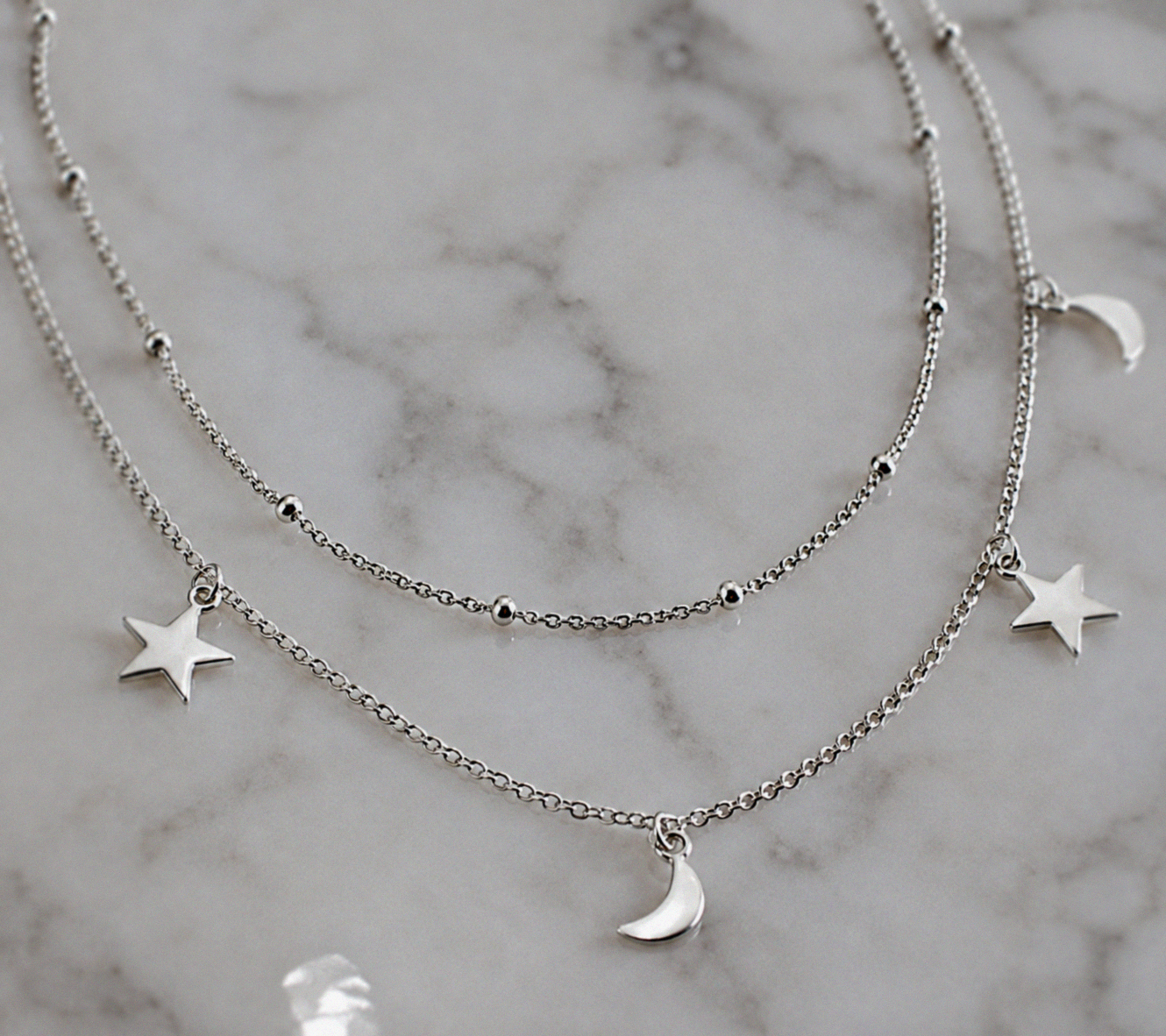 Sterling Silver Star & Moon Double Row Necklace