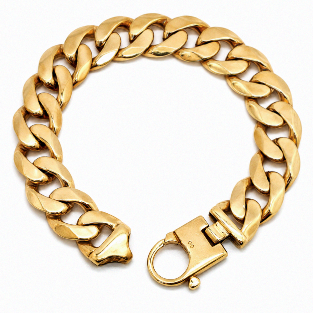 9ct Yellow Gold Heavy Flat Curb Bracelet (94g) 17mm Statement Piece