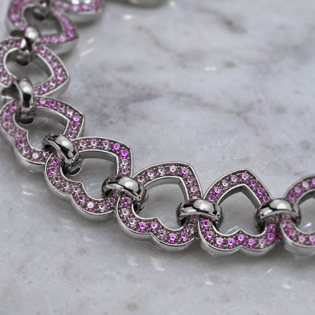 Sterling Silver Pink Cubic Zirconia Heart Link Bracelet