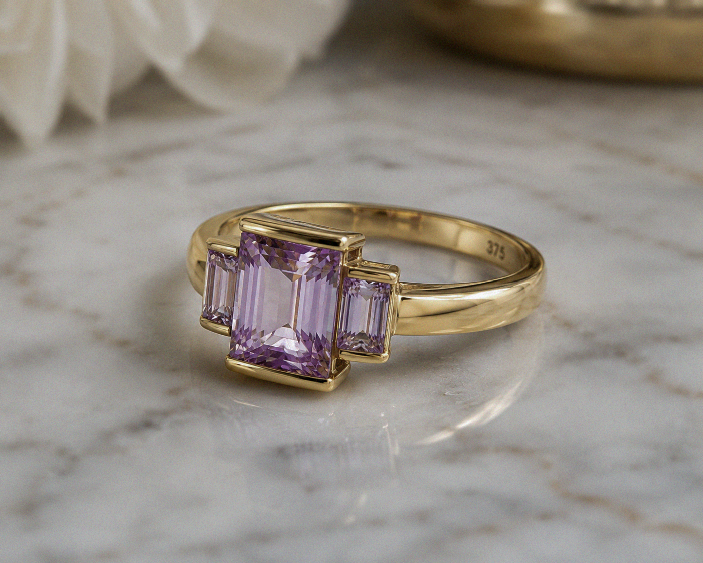 9ct Yellow Gold Trilogy Rose de France Amethyst Ring