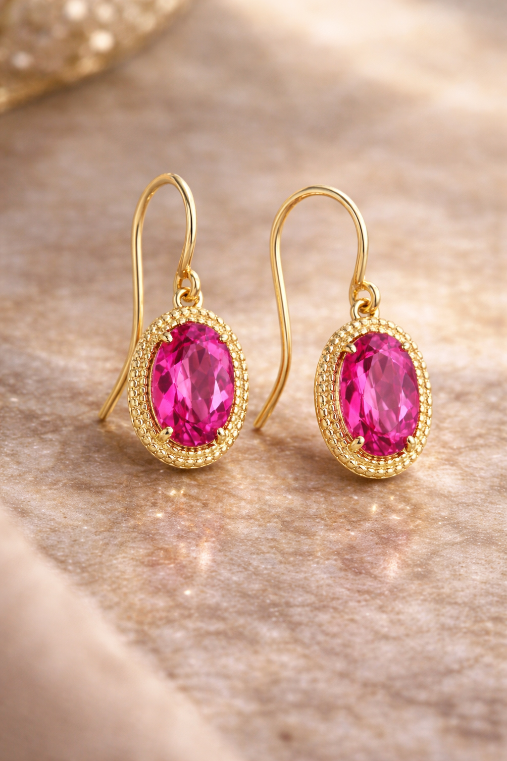 Oval Cut Pink Topaz Drop Earrings in 9ct Yellow Gold