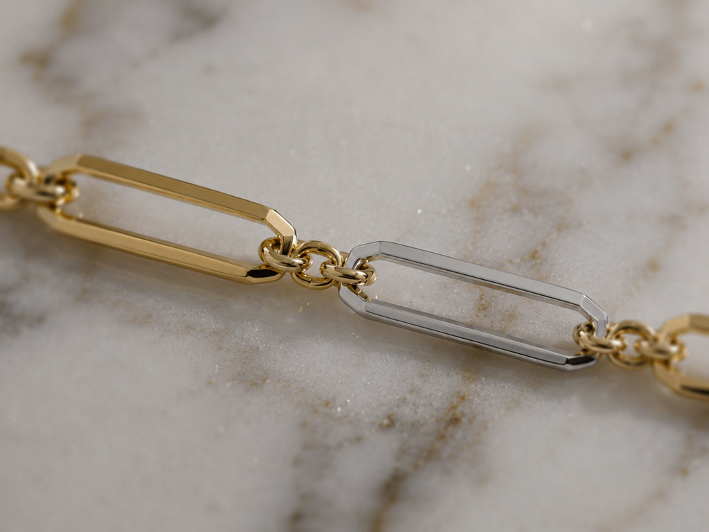 Elongated Link Chain Necklace in 9ct Yellow & White Gold